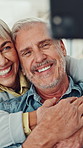 Senior couple, selfie and hug on sofa with smile, funny face and connection with bonding in lounge. Elderly man, woman and happy with photography, profile picture and social media post at apartment