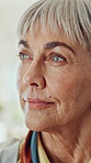 Elderly woman, thinking and nostalgia with vision for old memory, emotion or peace in home. Thoughtful senior, female person or reminisce with sight to remember for past, recall or retirement house