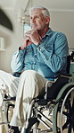 Senior man, thinking and wheelchair in home with reflection, insight and recovery for injury in retirement. Elderly person with disability, perspective and nostalgia for memory with rehabilitation
