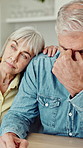 Comforting, sad and senior couple in home for care, empathy and bad news for marriage. Retirement, emotional and elderly man and woman together with love, compassion and support in relationship