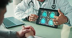 Hands, patient or doctor with brain scan on tablet for tumor diagnosis, track progression or results. Healthcare, neurologist and person pointing to MRI screen in clinic for cancer tissue and advice