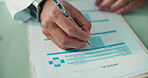 Medical, documents and form with hands of doctor in office for patient information, referral letter and writing. Healthcare report, symptoms history and survey with person in clinic for paperwork