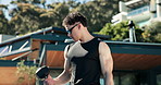 Outdoor, sport sunglasses and man with dumbbells, bodybuilding or training with equipment for muscle. Bodybuilder, wellness and person with weights for exercise at home, strength and metabolism boost