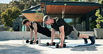 Workout, push up and team with men outdoor for bodybuilder, ab exercise and coaching support. Training partner, health and fitness with people at house for personal trainer, dumbbell and challenge