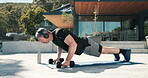 Outdoor, push ups and man with dumbells, exercise or bodybuilder with headphone for music and active. Streaming, audio and mature person with equipment for muscle strength, home and fitness with tech