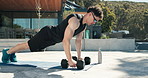 Workout, push up and dumbbell with man outdoor for bodybuilder, ab exercise and wellness. Training, health and fitness with person and weights at house for strong, muscle and sports challenge
