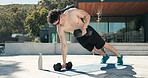 Fitness, muscle and man with weights outdoor for exercise, bodybuilder training and workout. House, balance and person with dumbbells for strength, weightlifting and challenge for wellness or health