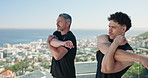 Fitness, stretching and man with personal trainer in city for training, exercise and start workout. Runner, team and coach with mature person with warm up for muscles, health and wellness outdoor