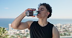 Drinking water, relax and health with man outdoor for calm, hydration or training recovery. Electrolyte drink, break and wellness with person at house for sports athlete, exercise and mineral liquid