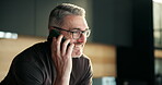 Phone call, smile and freelancer with man in kitchen for networking, project consultant and talking. Virtual advisor, discussion and planning with mature person in home for remote worker and chat