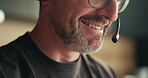Tech support, mouth and laugh with mic, home and talking with contact and help with troubleshooting. Happy, virtual assistant and person with headset for chat, problem solving or IT solution in house