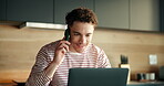 Phone call, documents and laptop with man in kitchen for networking, project consultant and talking. Virtual advisor, discussion and planning with person in home for remote worker, feedback and chat