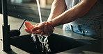 Washing, water and hands of person in kitchen for cleaning, hygiene and disinfection for germs. Home, faucet and man for dirt removal, protection and bacteria prevention for health and wellness