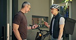 Man, phone and food delivery with talk, customer and bicycle with mobile app, bag or smile at front door. Mature person, courier and bike with ecommerce order, package and smartphone at apartment