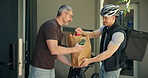 Delivery man, groceries and happy with bike at front door, customer and ecommerce order at house. Mature person, courier and bicycle with paper bag, mobile app or service with sustainable transport