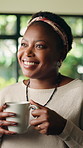 Thinking, happy and black woman with drink in home to relax, rest and calm on weekend. Morning, reflection and African person with coffee, beverage or tea for peaceful, thoughtful and wellness