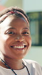 Face, black woman and relax with smile in backyard for peace, calm morning and positive attitude. Portrait, female person and happiness for weekend break, fresh air and chilling for wellness at house