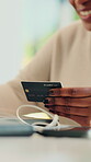 Woman, hands and credit card with laptop for payment, online shopping purchase and discount in home. Person, typing and eft with computer for fintech transaction, ecommerce deal or Black Friday sale.