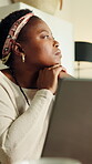 Laptop, thinking and planning with black woman in home for news reporter, article writer and freelancer. Remote worker, vision and proofreading story with person in apartment for research and email