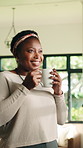 Thinking, smile and black woman with coffee in home to relax, rest and calm on weekend. Reflection, house and happy person with drink, beverage and tea for peaceful, thoughtful or wellness in morning