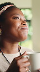 Thinking, morning and black woman with coffee in home to relax, rest and calm on weekend. Happy, reflection and African person with drink, beverage and tea for peaceful, thoughtful and wellness