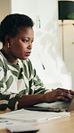 Laptop, planning and finance with black woman in home for budget report, banking statement and audit review. Mortgage payment, savings account and invoice bills with person in apartment for tax