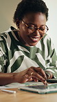 Black woman, tablet and reading document at house for accounting, finance report and data analysis. Female person, remote work and paperwork with financial stats, kpi performance and asset management