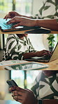 Hands, series and woman in home with technology for remote work, data analysis or investment. Digital, freelancer or person in house with laptop, phone or typing report with finance chart for montage