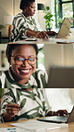 Laptop, documents and black woman in home with remote work for finance contract with investment. Collage, computer and African financial advisor with paperwork for company budget planning in house.