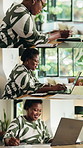 Happy, black woman and series with laptop for finance, budget planning or expenses in home. Female person, collage or accounting with computer, calculator or documents for financial report in house