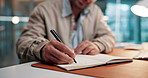Hands, man or writing in notebook in office for article planning, story research or news schedule. Journalist, employee and notes at agency for column information, creative ideas and plot development