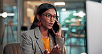 Phone call, review or woman in office with computer,  networking or source contact for article. Digital, bokeh and Indian journalist in agency with tech, communication or story pitch for publication.