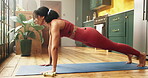 Home, fitness and woman with push up on yoga mat, morning training and strong resilience for workout. Endurance challenge, active and person with cardio exercise for wellness, body goals and balance