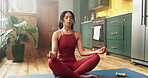 Breathing, mindfulness and meditation with woman in home for balance, holistic health or mental wellness. Inner peace, relax and zen with yoga person in apartment for awareness, fitness or healing