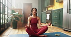 Breathing, meditation and relax with woman in home for balance, holistic health or mental wellness. Awareness, inner peace and zen with yoga person in apartment for fitness, healing or mindfulness