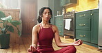 Breathing, meditation and yoga with woman in home for balance, holistic health or mental wellness. Awareness, inner peace and relax with zen person in apartment for fitness, healing or mindfulness
