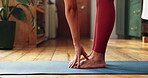 Fitness, woman or feet in home with stretching for yoga preparation, exercise session or healthy body. Female person, legs and start warm up in apartment with mat, begin or getting ready for pilates.