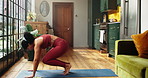 Home, fitness and woman with burpee on yoga mat, morning training and strong resilience for workout. Endurance challenge, active and person with cardio exercise for wellness, performance and energy