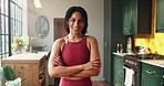 Fitness, face or athlete in house with arms crossed, sportswear or progress goal in home workout. Smile, portrait or woman in kitchen with confidence, health or body transformation in indoor exercise