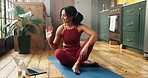 Laptop, video call and yoga with woman instructor in home for online class or remote lesson. Computer, tutorial and wave with happy personal trainer in apartment for virtual session as holistic coach