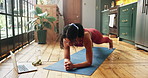 Woman, plank and workout in home with laptop for core strength training, online instructor and wellness. Person, exercise and balance with computer for virtual coaching, guidance and ab development.
