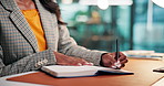 Hands, business woman or writing in notebook for article planning, story facts or publishing schedule. Bokeh, journalist and notes at media agency for column planner, creative ideas and news summary
