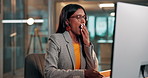 Yawn, tired or Indian woman in office with computer, overworked or brain fog in marketing project. Fatigue, burnout or creative director in agency with tech, research or low energy in task management