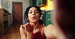 Face selfie, hand gesture and yoga with woman in home for live streaming or social media as influencer. App, blow a kiss and wave with happy yogi person on floor in apartment for content creation