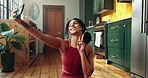 Hand gesture, selfie and yoga with woman in home for live streaming or social media as influencer. App, blow a kiss and peace sign with happy yogi person on floor in apartment for content creation