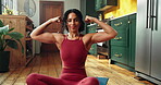Bicep flex, face or woman in home for fitness, progress goal and pride for body transformation. Sport, happiness or athlete in kitchen with arm stretch, health or training results for bodybuilder.