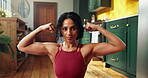 Muscle flex, face or woman in home for fitness, progress goal and pride for body transformation. Sport, serious or athlete in kitchen with bicep stretch, workout or training results for bodybuilder.