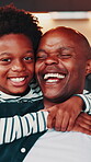 Face, father and son with hug in home for black family connection, bonding together or affection. Happy parent, child or laugh with embrace in living room for gratitude, support or trust development.