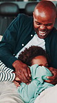 Laughing, tickle and funny with father with children on sofa for bonding, game and connection together. Happy and love with African man and kids in living room of family home for playful and care