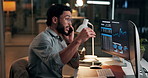 Man, computer screen and phone call with trading, graphs and stock market with stress at startup. Person, smartphone and night on pc for charts, talk or frustrated for investment review at company